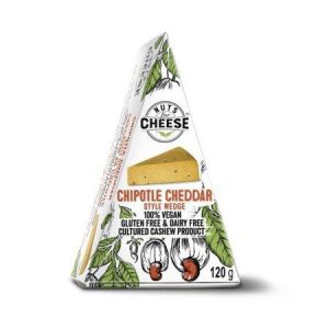 Organic cheddar style cashew cheese wedge with chipotle flavor, gluten-free, dairy-free, 120g.