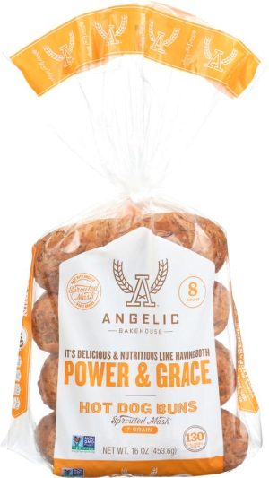 Angel Hot Dog Buns in clear plastic bag with logo and product info.