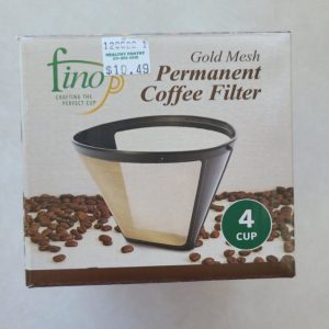 Gold mesh coffee filter with black rim and 4 cup capacity for brewing coffee.