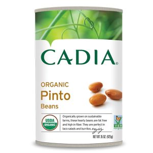 Organic Pinto Beans can with Cadia branding and USDA Organic label.
