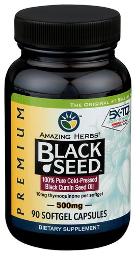 Black seed oil softgel capsules for health and wellness benefits.