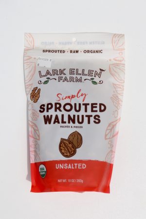 Organic sprouted walnuts from Lark Ellen Farm, unsalted, 10oz package for healthy snacking.
