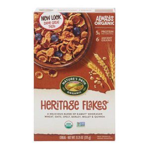 Organic Heritage Flakes cereal with grains and berries in a bowl.
