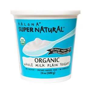 Organic whole milk plain yogurt in a blue container with a spoon.