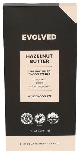Evolved organic hazelnut butter filled chocolate bar with USDA Organic label.