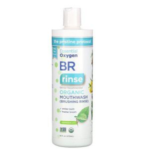 Organic mouthwash bottle with peppermint flavor for fresh breath and whitening teeth.