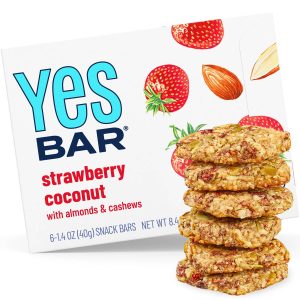 Healthy Roots YES Bar with strawberry, coconut, almonds, and cashews.