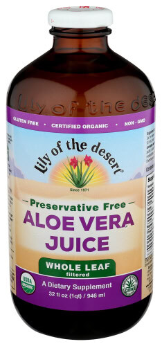 Lily of The Desert Aloe Vera Juice bottle with label details.