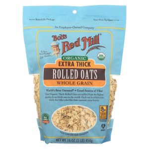 Organic thick rolled oats in a blue package for healthy breakfast options.