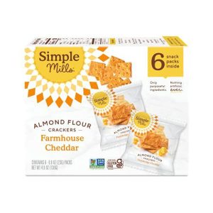 Simple Mills almond flour crackers with farmhouse cheddar flavor, 6 snack packs inside.
