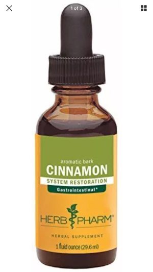 Herb Pharm Cinnamon aromatic bark supplement in small amber bottle with dropper.