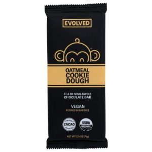 Evolved oatmeal cookie dough filled dark chocolate bar with vegan and organic labels.