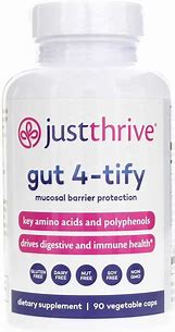 Bottle of Just Thrive Gut 4-TIFY probiotic supplement for digestive health.