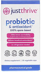 Probiotic supplement bottle with Just Thrive branding and product details.