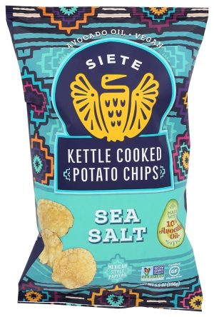 Kettle cooked potato chips with sea salt, vegan, gluten-free, non-GMO, made with avocado oil.