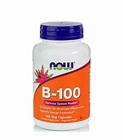 B-100 vitamin supplement bottle with orange label and blue cap.