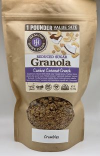 Healthy Roots cashew coconut crunch granola in a resealable bag.