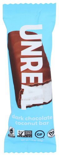 Unreal dark chocolate coconut bar on blue packaging with product details.