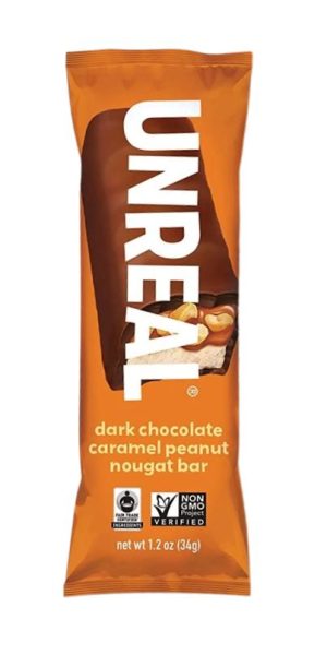 Unreal dark chocolate caramel peanut nougat bar in orange packaging.
