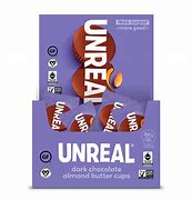 Unreal dark chocolate almond butter cup on purple packaging.