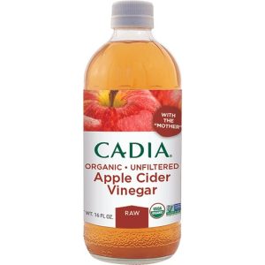 Organic unfiltered apple cider vinegar bottle with label details.