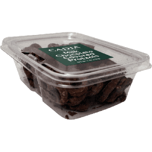 Chocolate covered pretzels in clear plastic container for healthy snacking.
