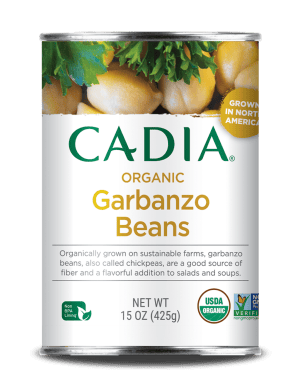 Organic garbanzo beans in a can, grown in North America, USDA Organic certified.