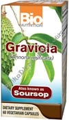 Healthy Roots Graviola supplement bottle with green leaves background.