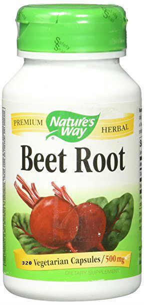 Vegetarian beet root capsules with fresh beets and leaves on label.