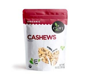 Organic raw cashews in a resealable bag for healthy snacking.