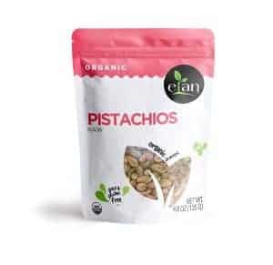 Organic raw pistachios in a resealable bag for healthy snacking.