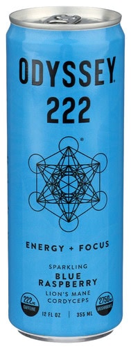 Odyssey 222 Blue Raspberry energy drink can with geometric design and branding.