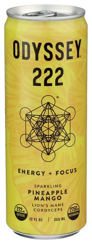 Odyssey 222 Pineapple Mango energy drink can with geometric design and flavor details.