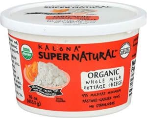 Kalona Organic Whole Milk Cottage Cheese in a container with label details.
