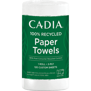 Cadia 100% recycled paper towels roll for eco-friendly cleaning.