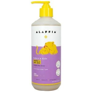 Alaffia Baby & Kids Shampoo & Body Wash bottle with yellow pump and purple label.