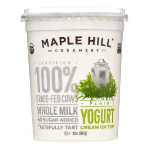 Healthy Roots Maple Hill plain organic yogurt with cream on top, 100% grass-fed cow milk.