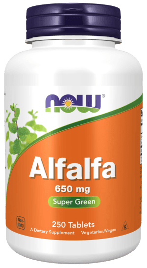 Alfalfa supplement bottle with 650mg tablets for health support.