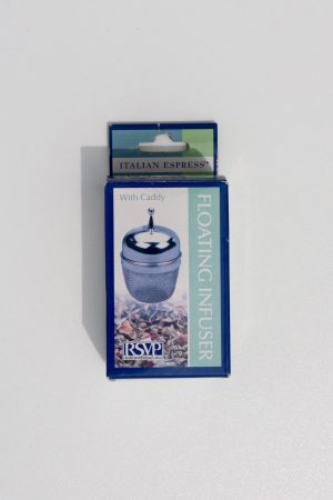 Floating infusor with caddy for tea brewing on white background.