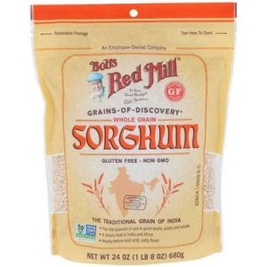 Bobs Red Mill whole grain sorghum in a resealable bag for healthy cooking.