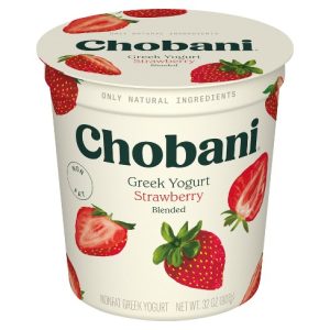 Chobani Greek Yogurt Strawberry 32oz with fresh strawberries on packaging.