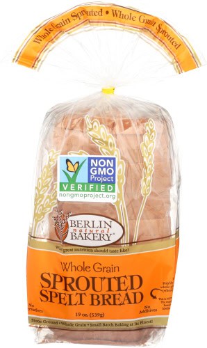 Fresh sprouted spelt bread from Berlin Natural Bakery in plastic wrap.