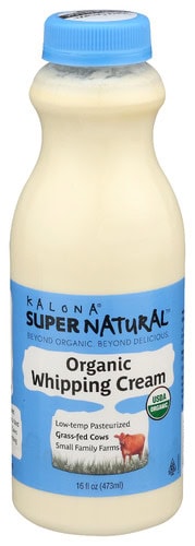 Organic whipping cream in a 16 oz bottle from Kalona Supernatural.