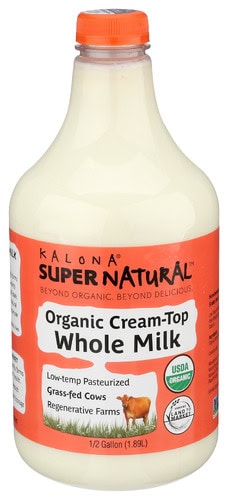 Organic cream-top whole milk bottle from Kalona Supernatural, USDA organic, grass-fed cows.