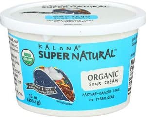 Organic sour cream from Kalona Super Natural with cows on the label.