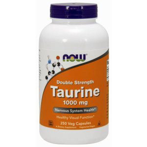 NOW Taurine 1000 mg vegan capsules for nervous system health and visual function.