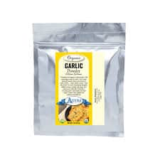Organic garlic powder in resealable pouch for healthy cooking.