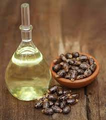 Healthy Roots castor oil in glass bottle with seeds on wooden surface.