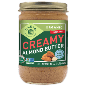 Organic creamy almond butter jar with no salt added, 16 oz, healthy roots brand.