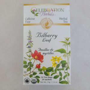Healthy Roots Bilberry Leaf herbal tea box with botanical illustrations.
